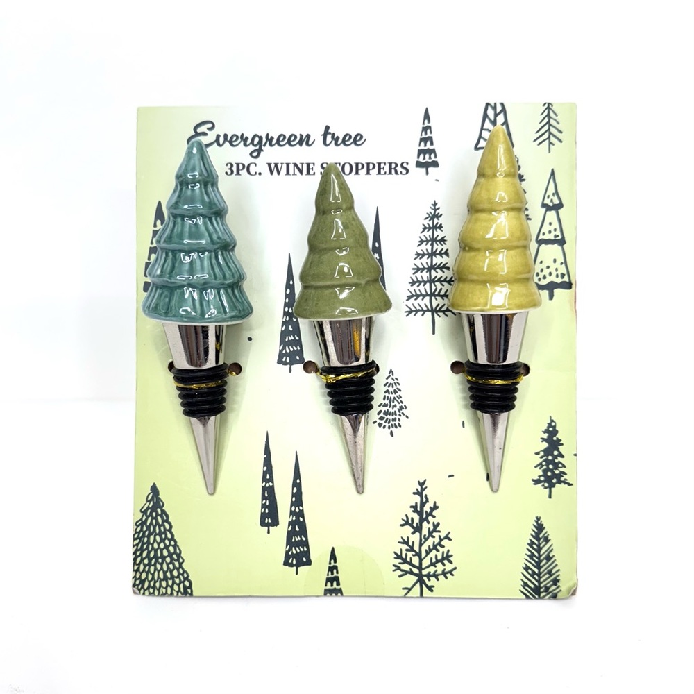 3Pc Glazed Ceramic Evergreen Tree Wine Stopper Toppers Set By Tabletop Unltd